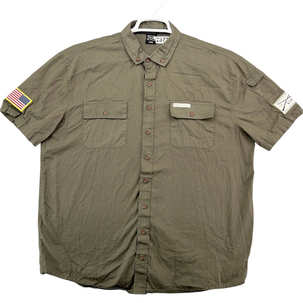 Grunt Style Mens Large Olive Green Short Sleeve Button Up Shirt American Flag